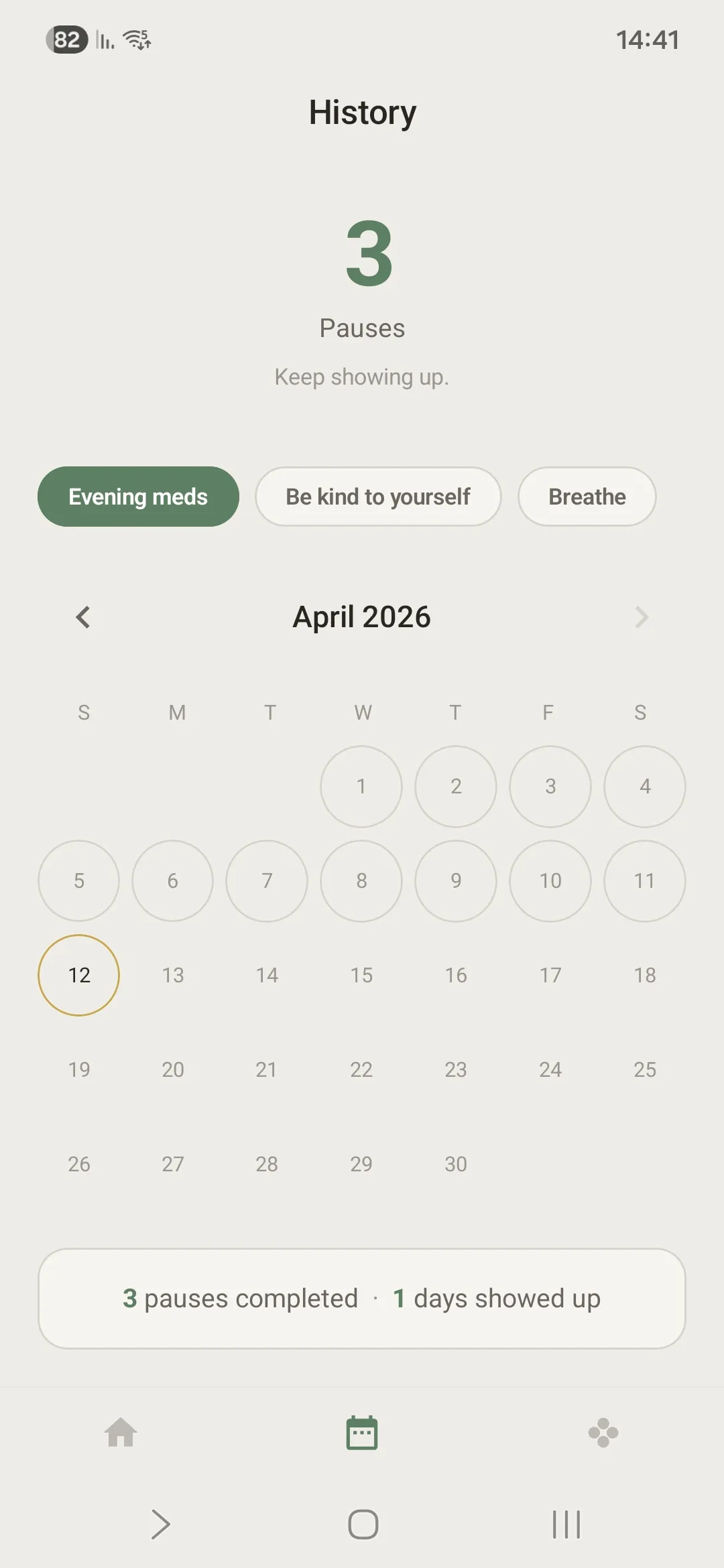 Pause Moment history view showing 3 pauses completed in April 2026 with three named pauses (Evening meds, Be kind to yourself, Breathe), the calm tagline 'Keep showing up,' and the honest counter 'pauses completed · days showed up'